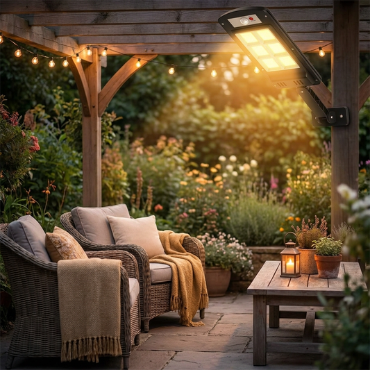 Outdoor solar LED lamp on a garden patio at dusk - lifestyle
