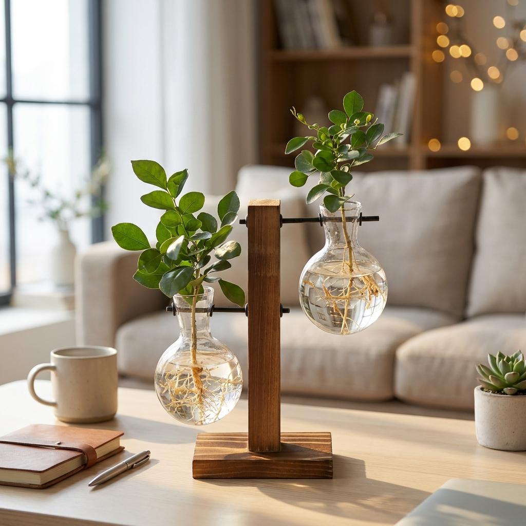 Wooden-frame hydroponic plant vase on a desk - lifestyle