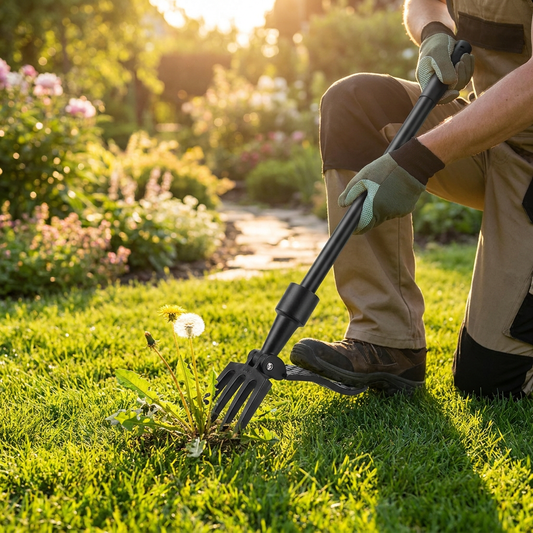 Person using a mechanical weeder on a lawn - lifestyle