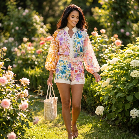 Woman wearing a floral dress set in a garden - lifestyle