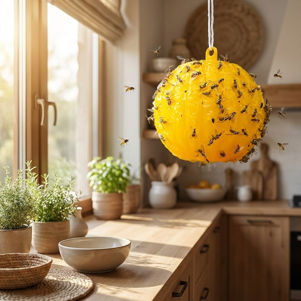 Hanging adhesive fly trap near a kitchen window - lifestyle