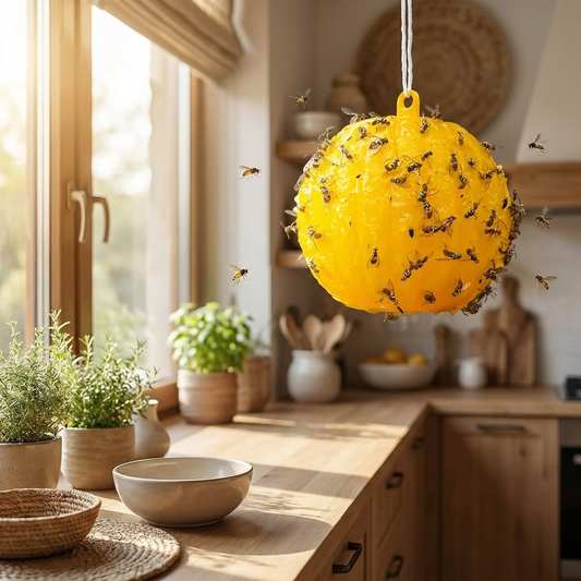 Hanging adhesive fly trap near a kitchen window - lifestyle