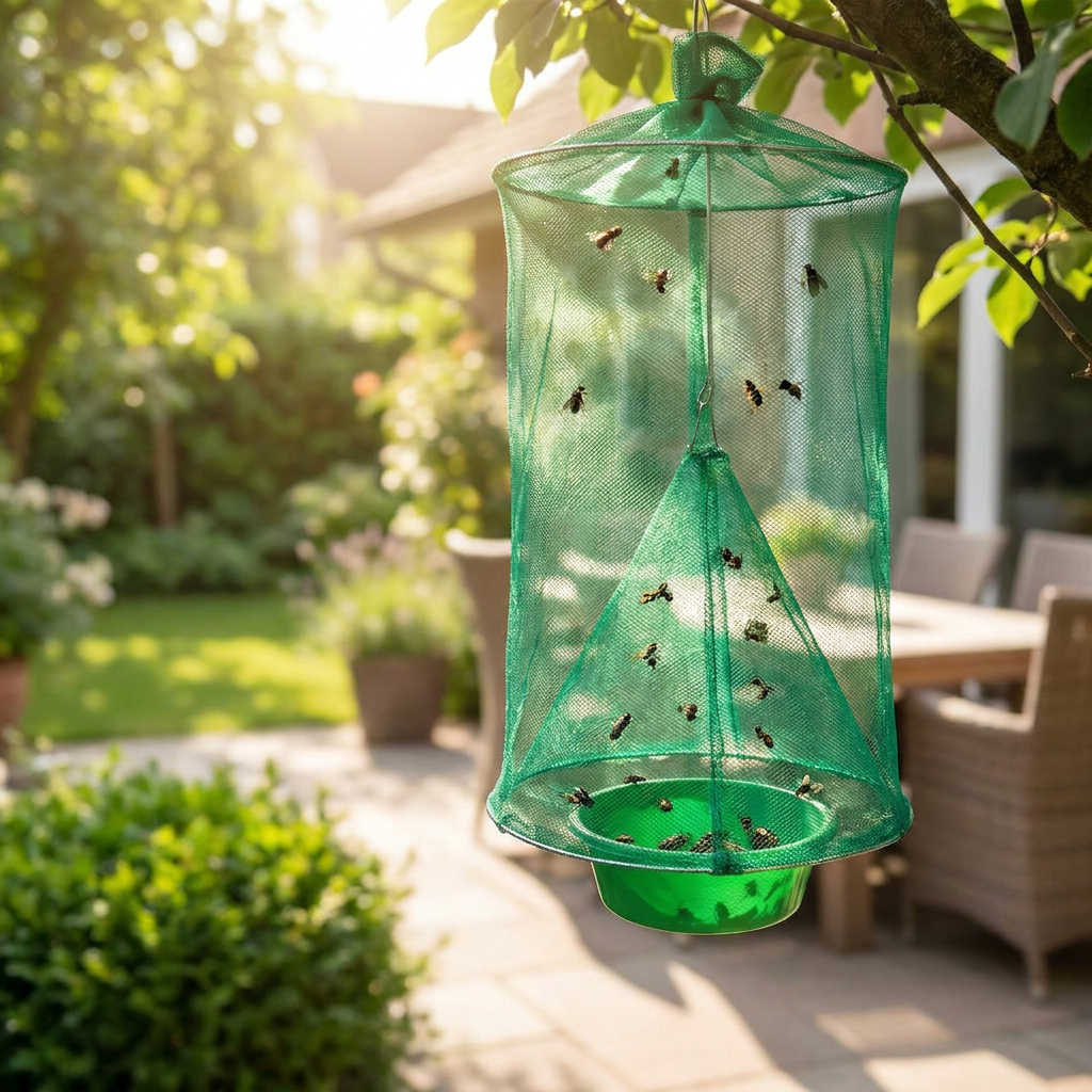 Reusable fly trap hanging by a patio - lifestyle
