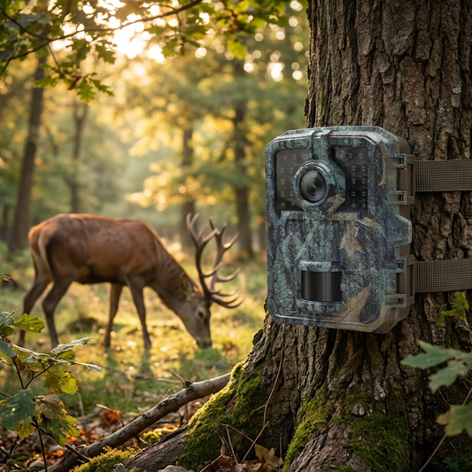 Mini night vision trail camera on a tree - lifestyle