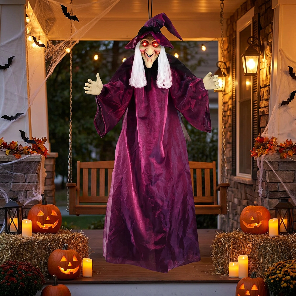 Animated Halloween witch decoration on a porch - lifestyle