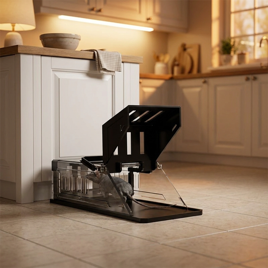 Automatic mouse trap cage on a kitchen floor - lifestyle