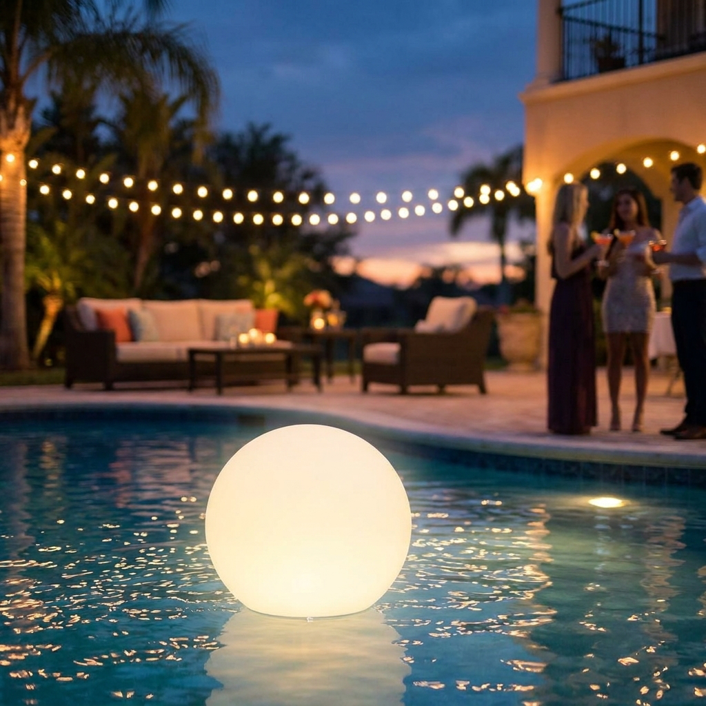 Inflatable pool lamp glowing in a pool at dusk - lifestyle