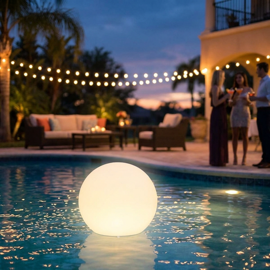 Inflatable pool lamp glowing in a pool at dusk - lifestyle