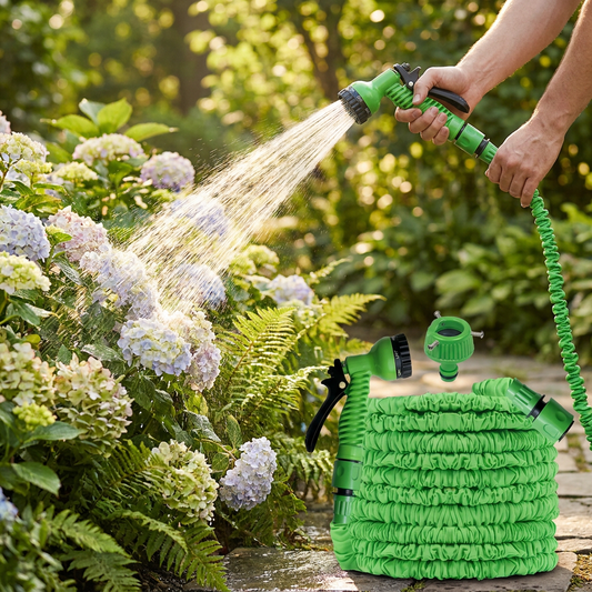 Person using an expandable garden hose - lifestyle