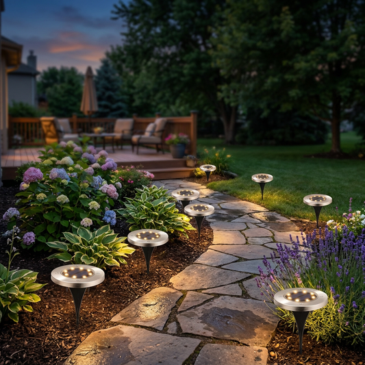 Outdoor solar garden lights along a path at dusk - lifestyle