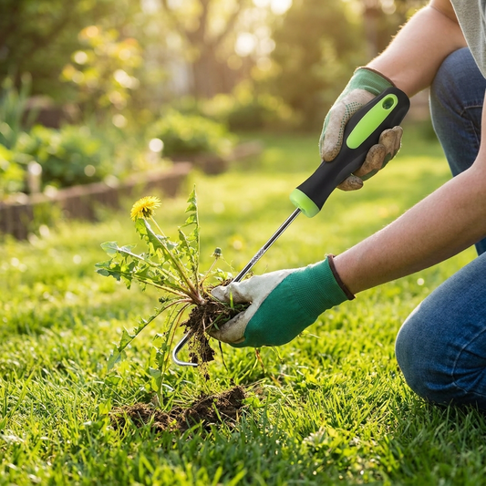 Person using an ergonomic weed puller on a lawn - lifestyle