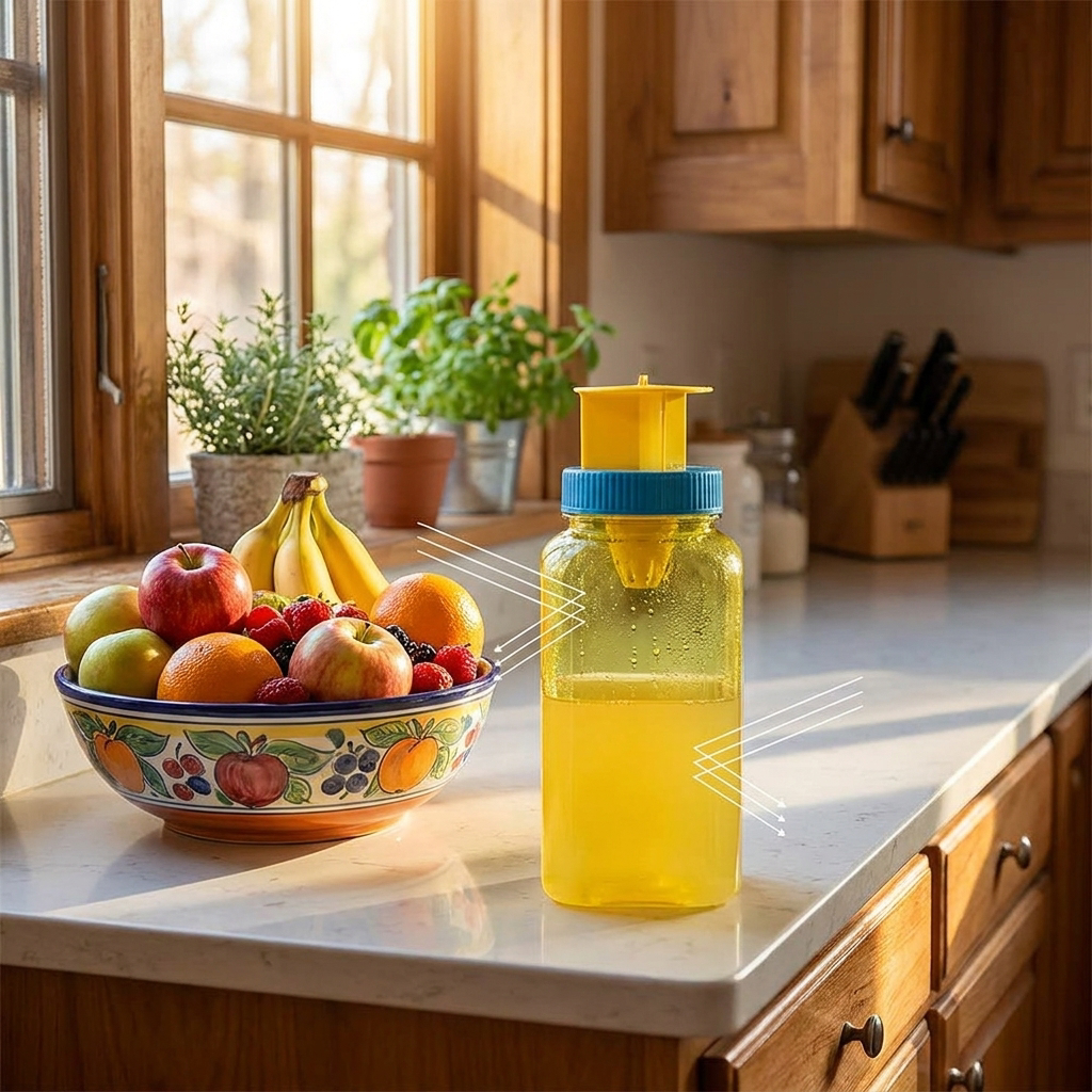 Reusable fruit fly catcher bottle on a kitchen counter - lifestyle