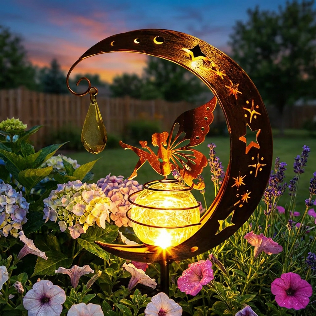 Outdoor garden decoration lights among flowers at dusk - lifestyle