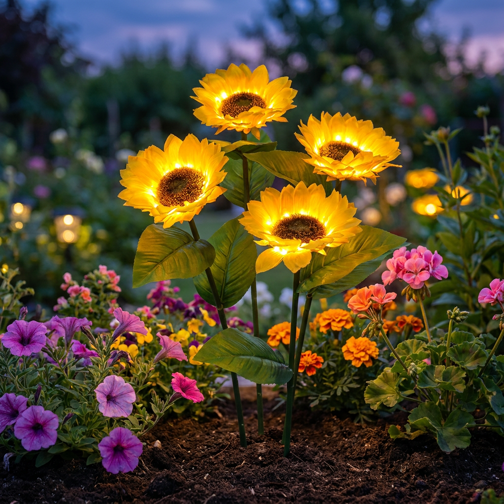 Solar sunflower light in a flower garden at dusk - lifestyle