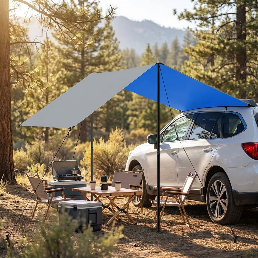 Car side awning extended at a campsite - lifestyle