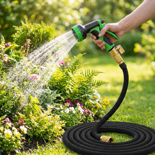 Expandable garden hose with spray nozzle watering a garden - lifestyle