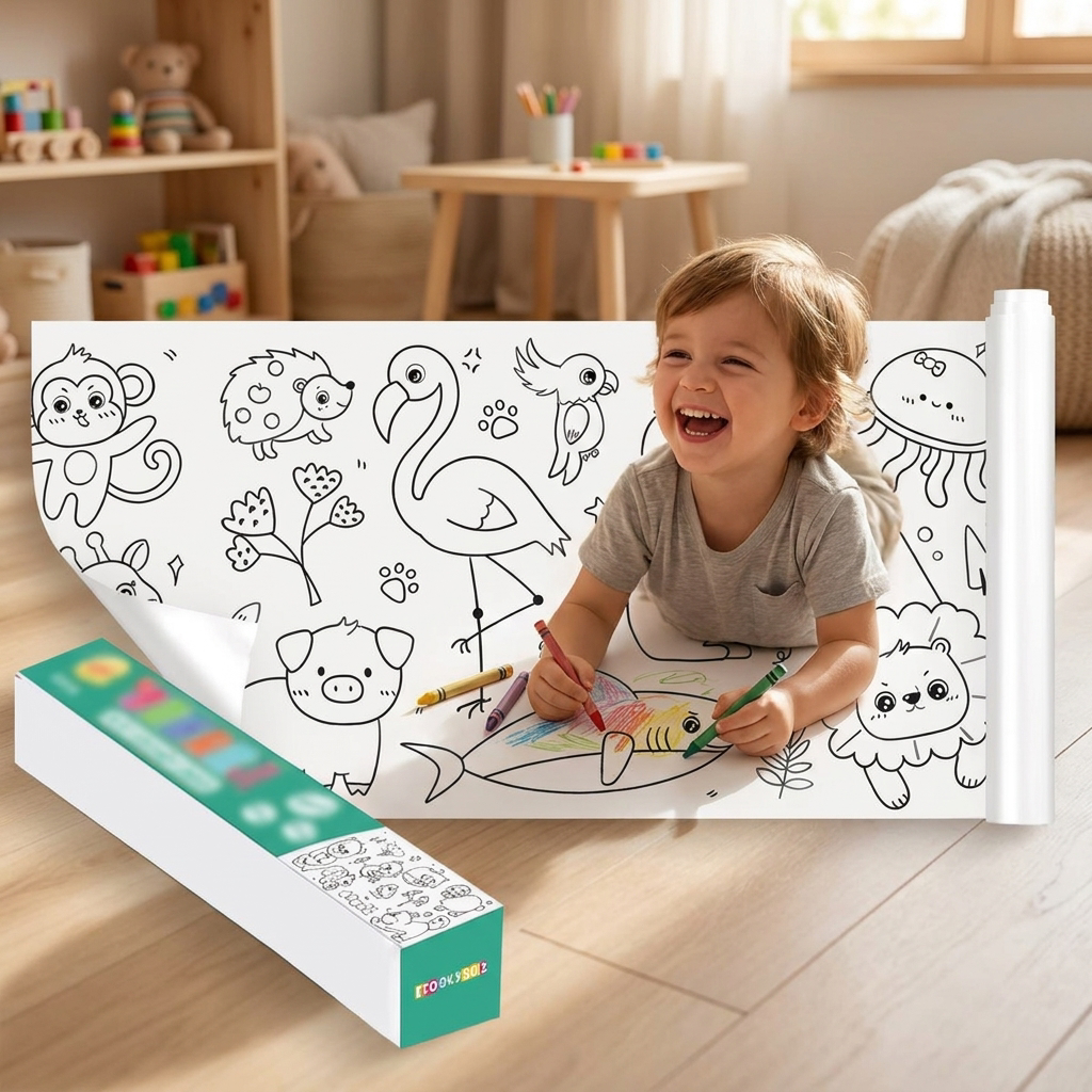 Child drawing on a paper roll in a playroom - lifestyle