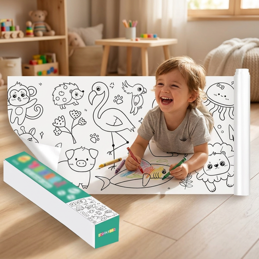 Child drawing on a paper roll in a playroom - lifestyle
