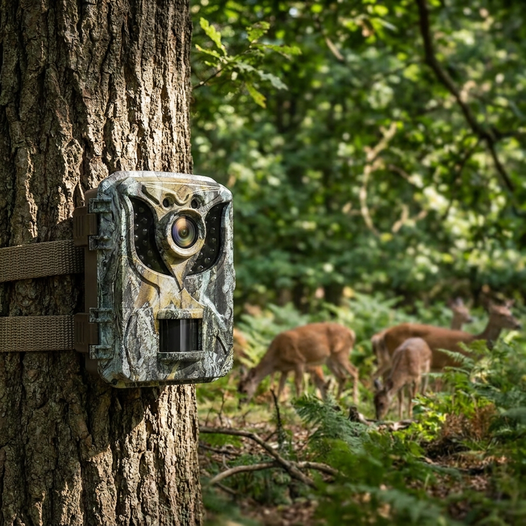 Compact wildlife camera on a tree in a forest - lifestyle