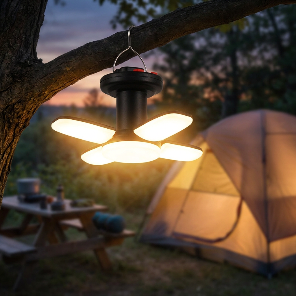 Solar folding camping lantern glowing at a campsite - lifestyle