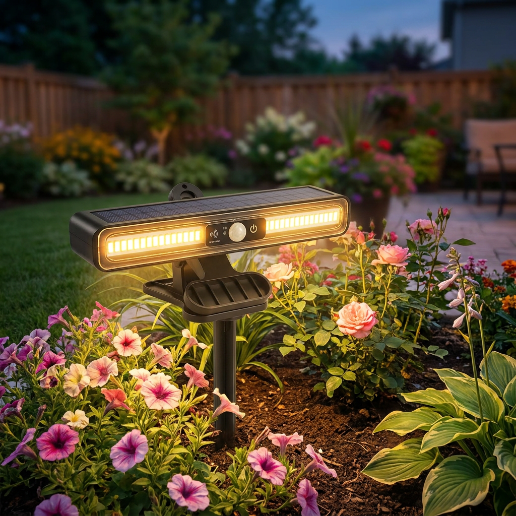 Solar garden landscape lamp glowing at dusk - lifestyle