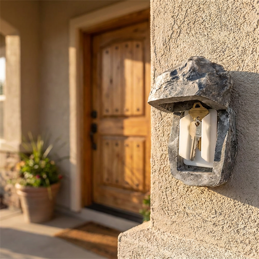 Outdoor hidden key lock box on a house wall - lifestyle