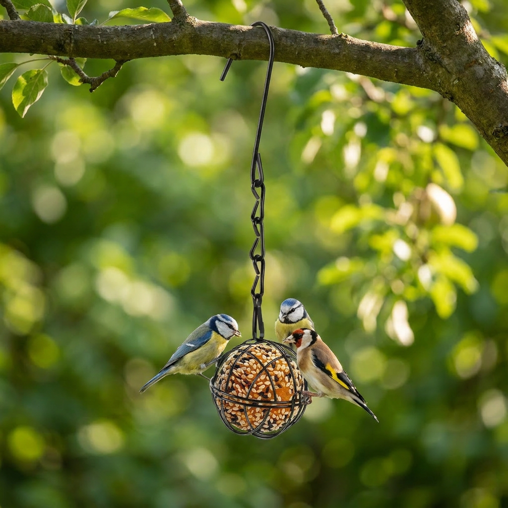 Metal hanging bird feeder in a garden - lifestyle