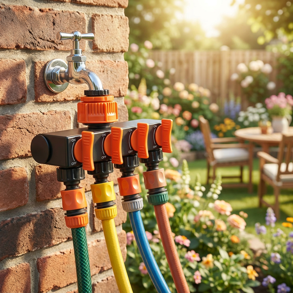 4-way garden hose splitter on a faucet - lifestyle