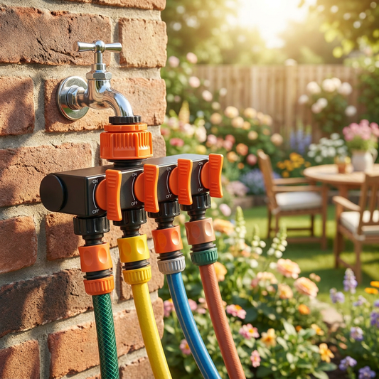 4-way garden hose splitter on a faucet - lifestyle