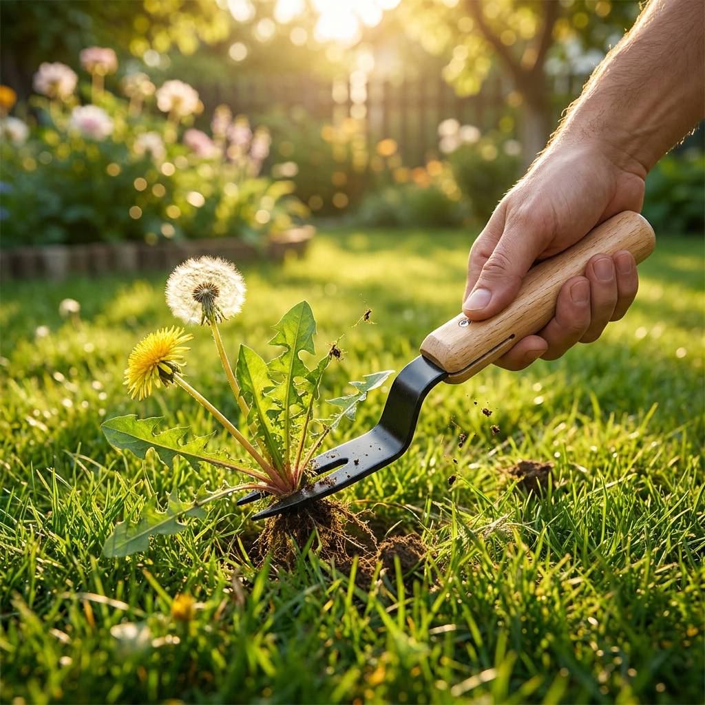 Stainless steel weed puller on a lawn - lifestyle