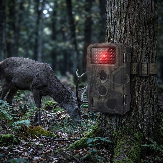 Night vision trail camera on a tree - lifestyle