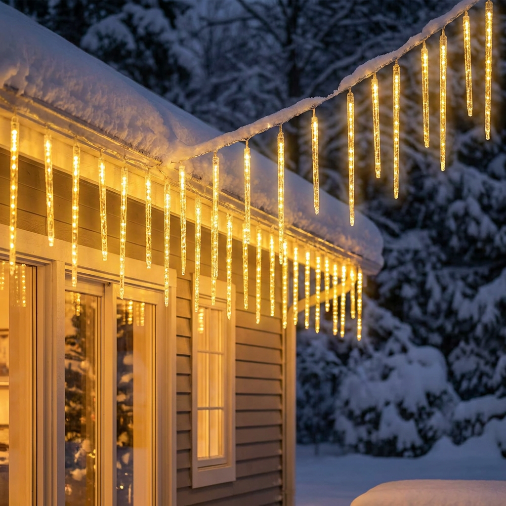 LED dripping icicle lights on a house eave in winter - lifestyle
