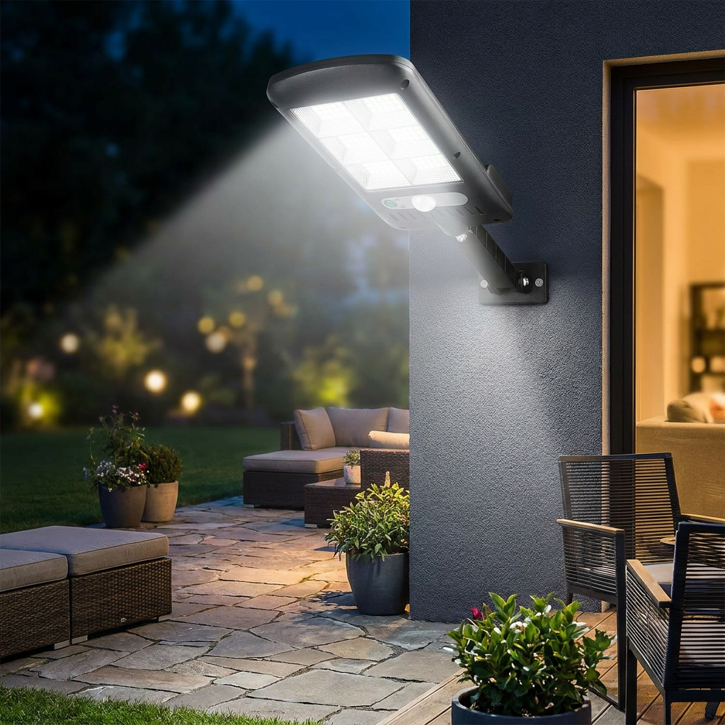 Wireless LED outdoor light on a patio at night - lifestyle