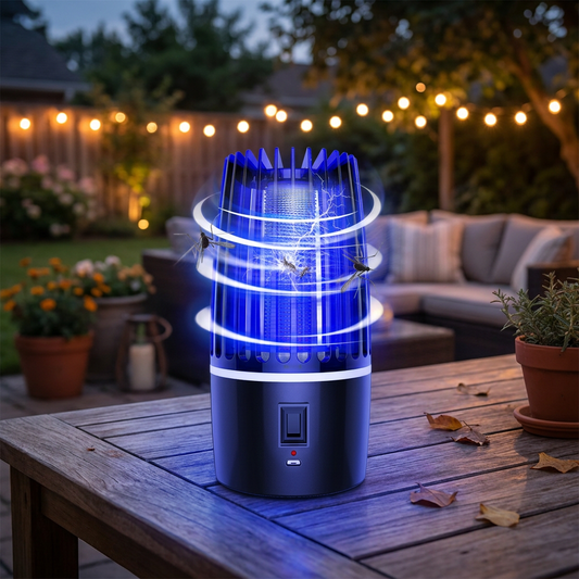 2-in-1 mosquito killer lamp on a patio table at dusk - lifestyle