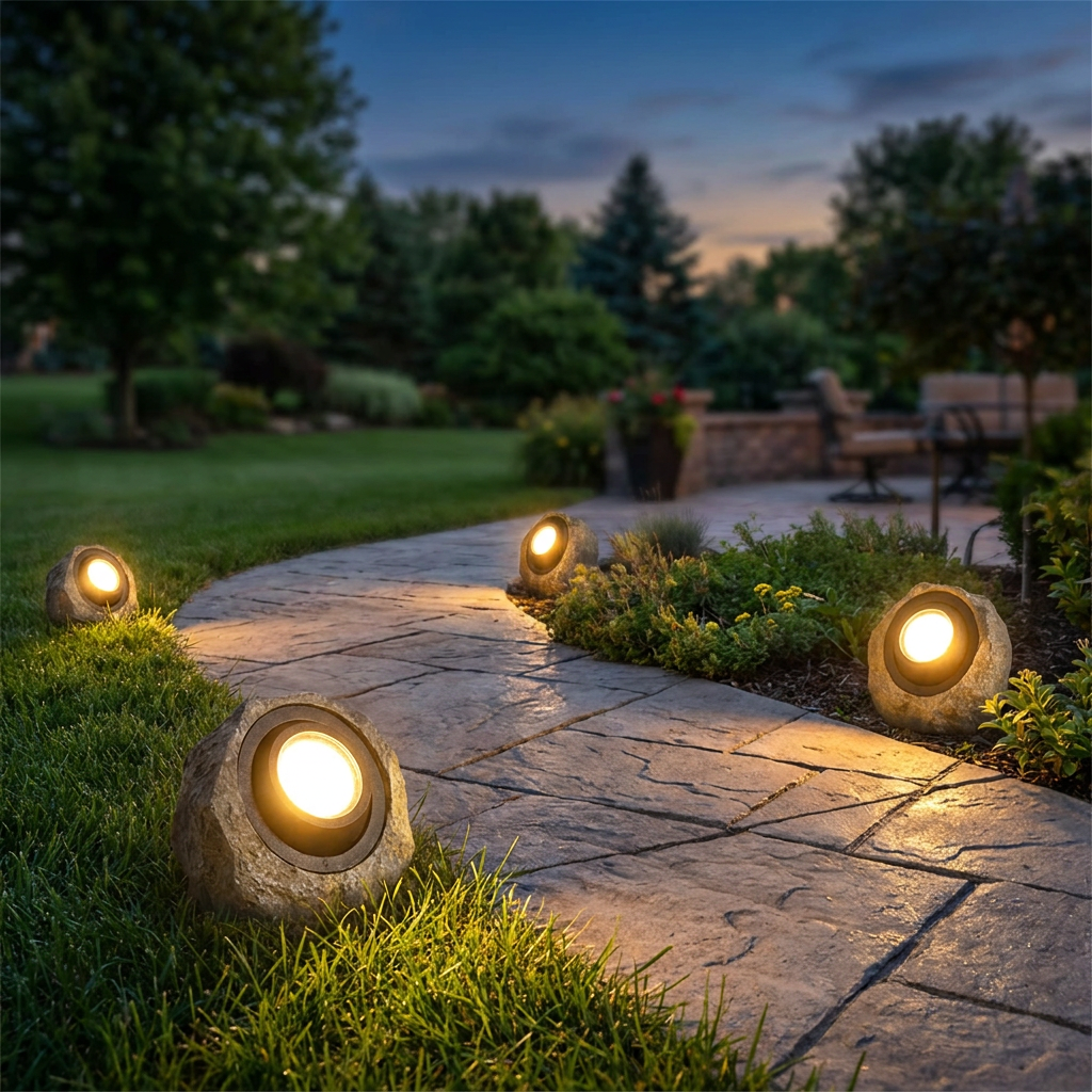 Stone pathway lights along a garden walkway at dusk - lifestyle