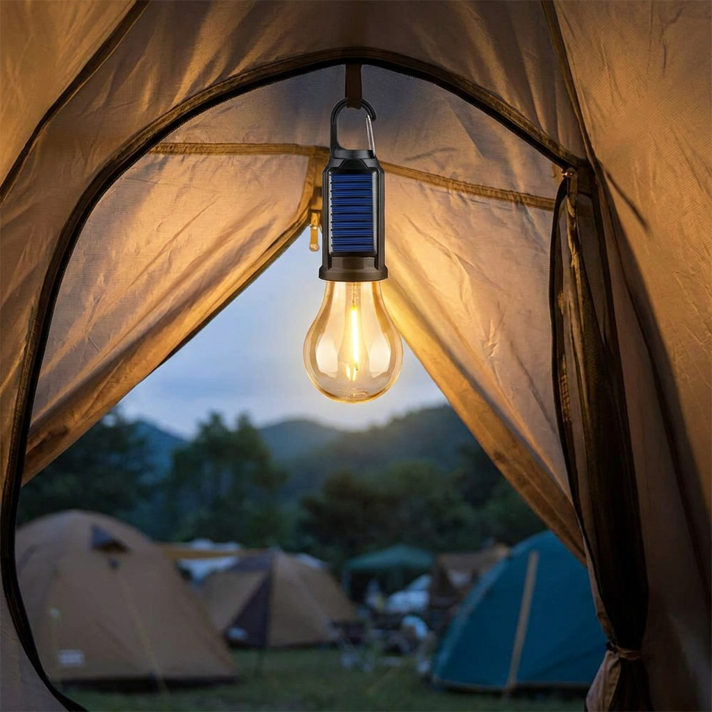 Solar hooked camping light glowing in a tent - lifestyle