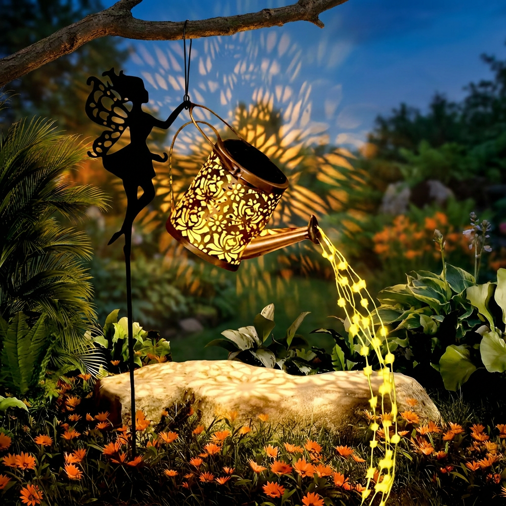 Hanging fairy lamp glowing in a garden at dusk - lifestyle