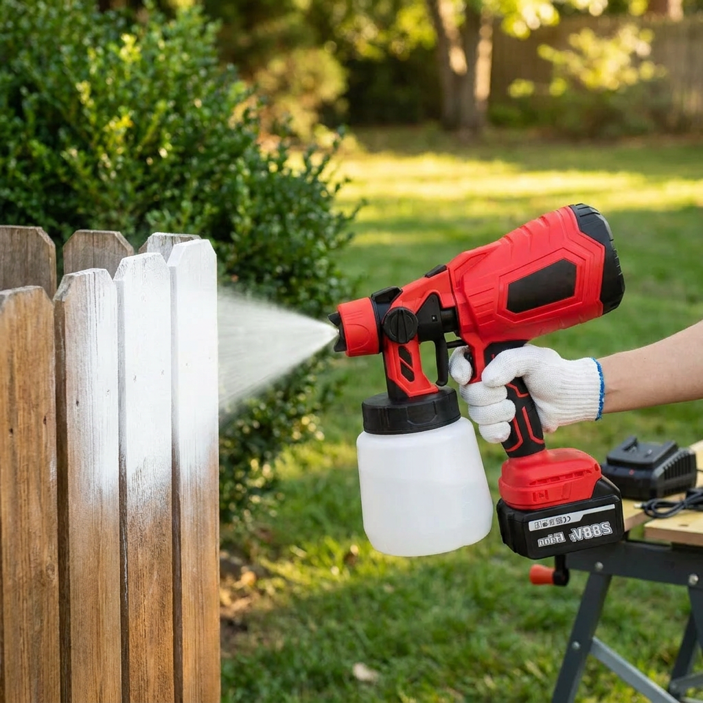 Person using a cordless paint sprayer on a fence - lifestyle