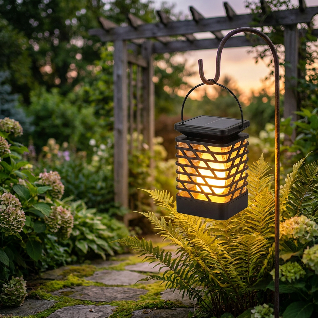 Solar LED garden lantern glowing at dusk - lifestyle