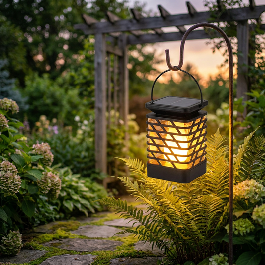 Solar LED garden lantern glowing at dusk - lifestyle