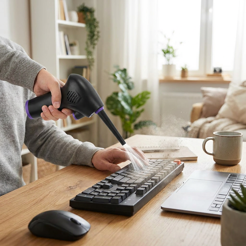 Person using a cordless air duster on a keyboard - lifestyle
