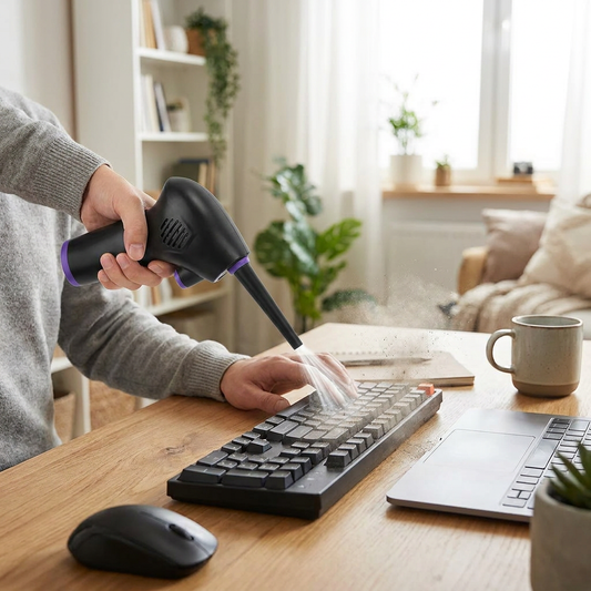 Person using a cordless air duster on a keyboard - lifestyle