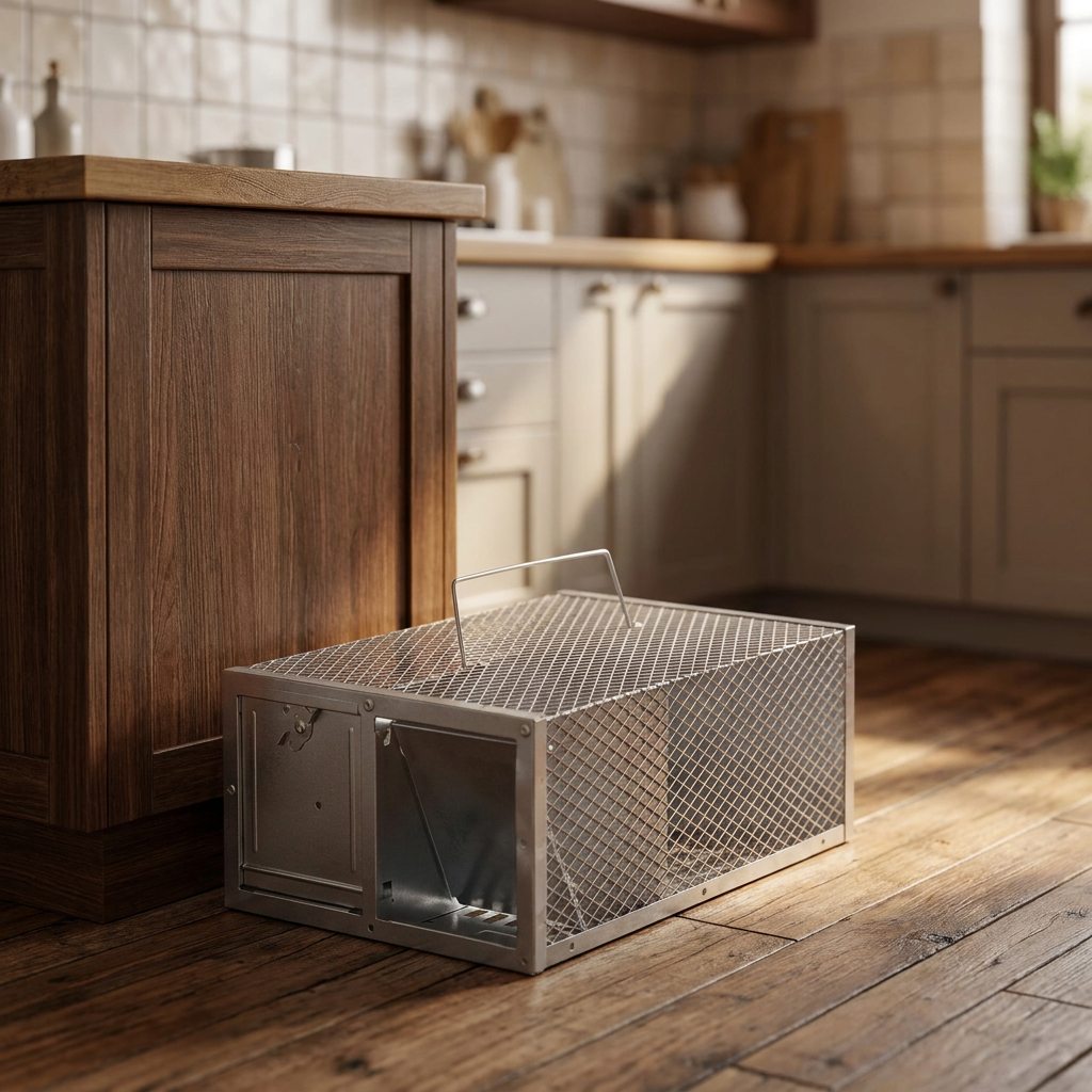 Single-door metal mouse trap cage on a kitchen floor - lifestyle