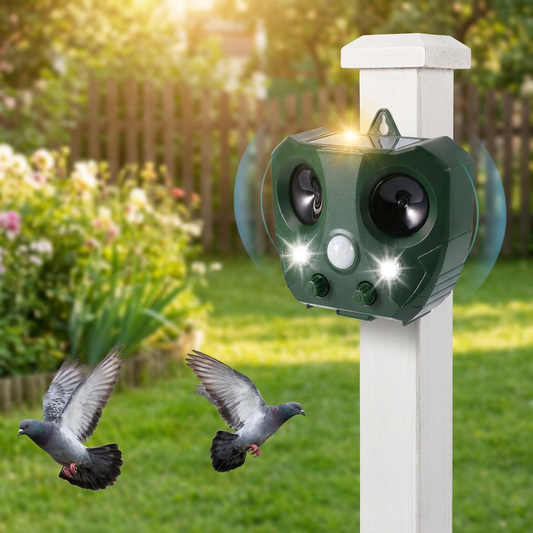 Ultrasonic bird scarer on a garden post - lifestyle