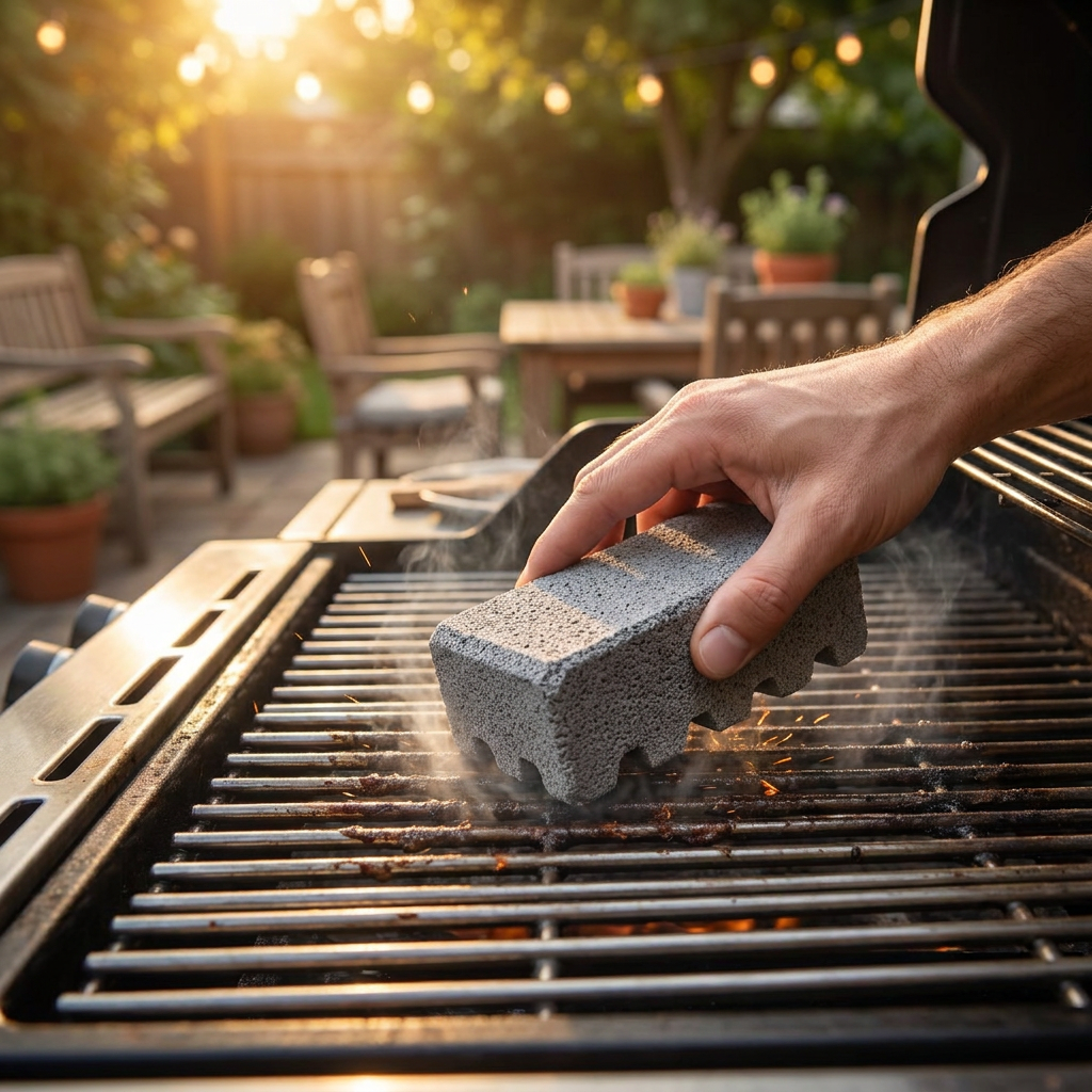 Pumice stone grill cleaning brick on a BBQ - lifestyle