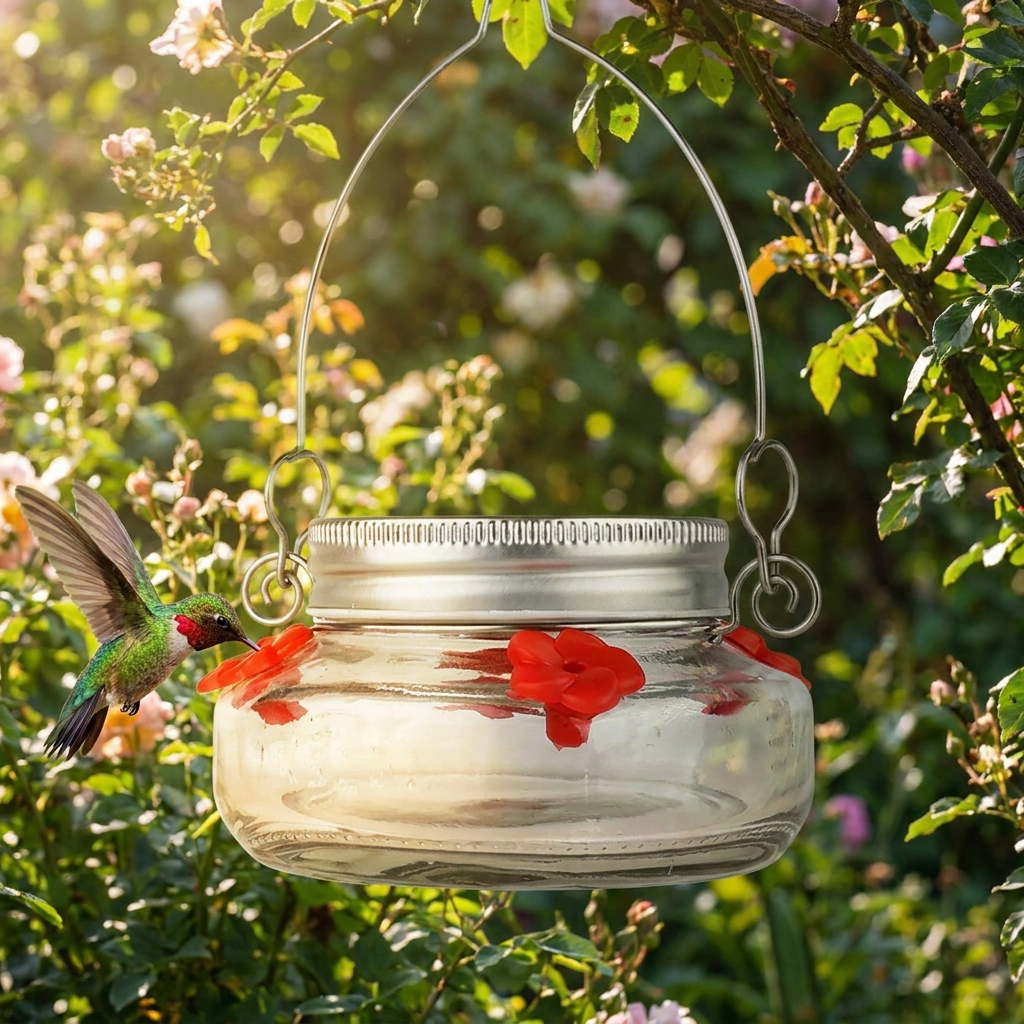 Clear flower-port hummingbird feeder in a garden - lifestyle