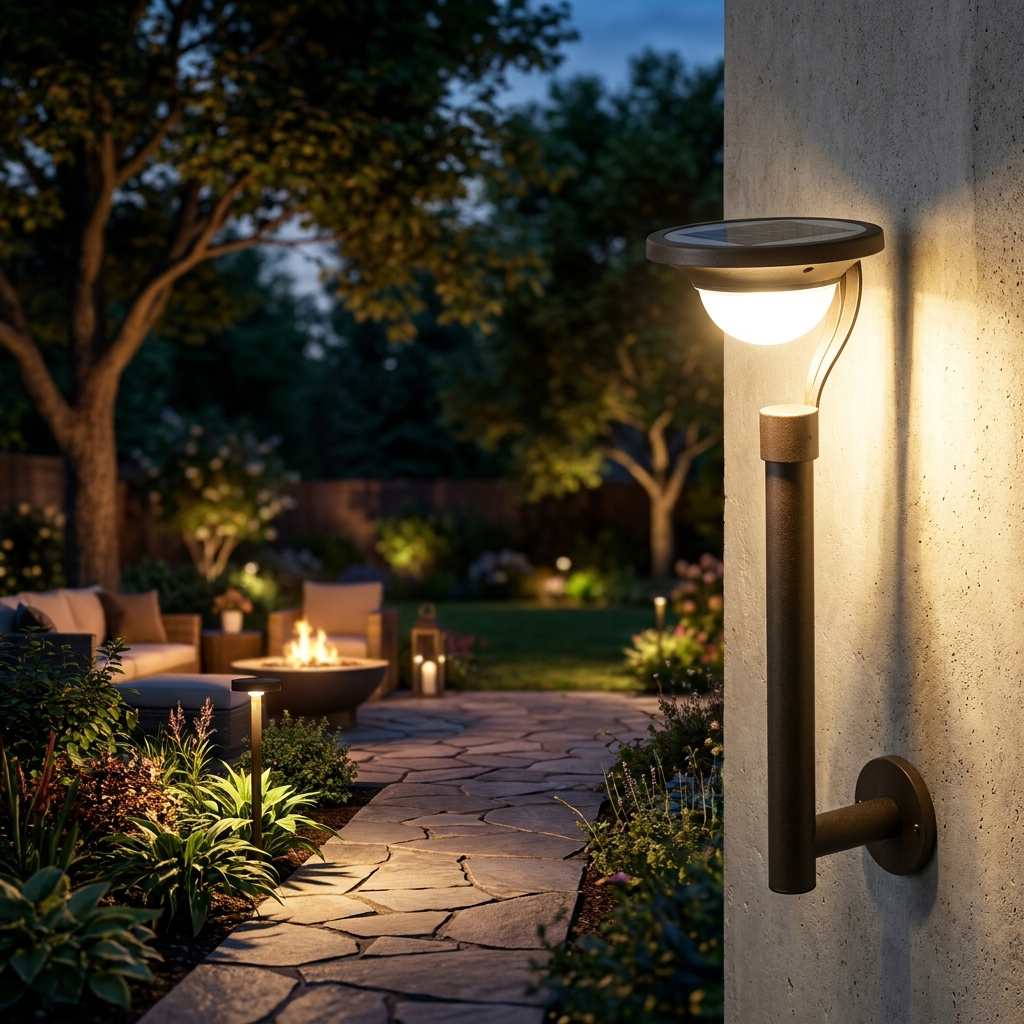 Ultra-powerful solar lamp illuminating a backyard at night - lifestyle
