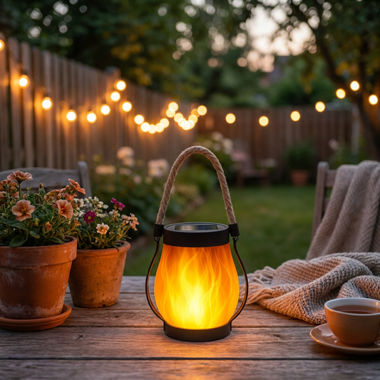 Solar lantern with flame-effect glow on a patio - lifestyle