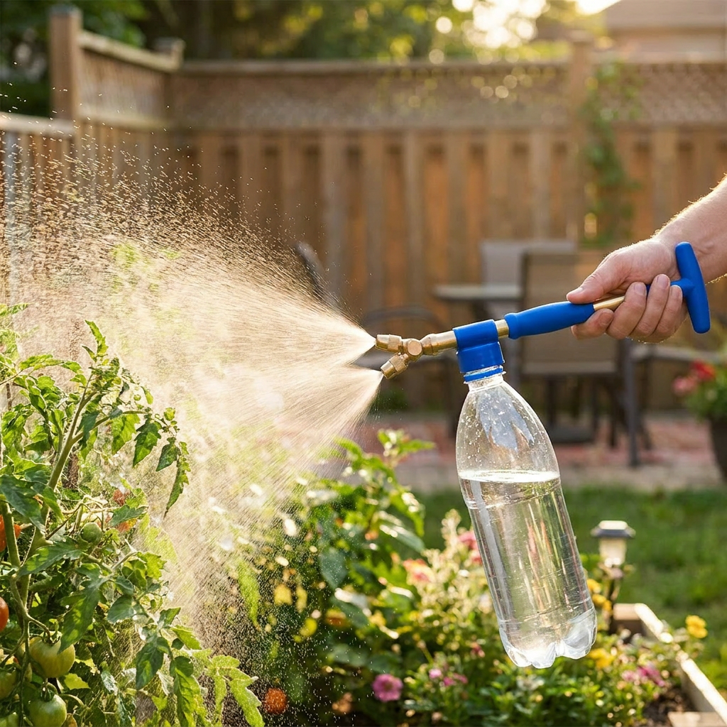 Person using a hand garden pump sprayer - lifestyle