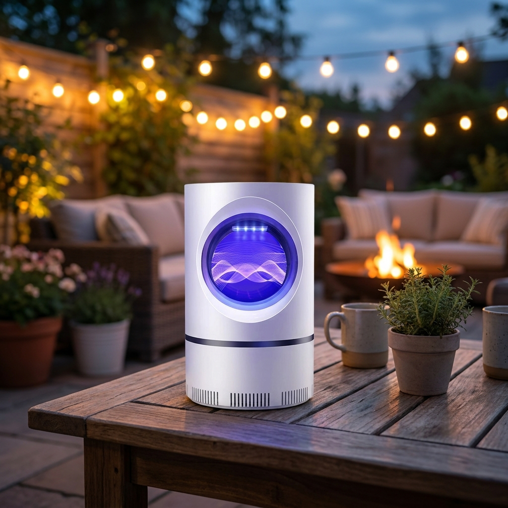 LED mosquito repellent lamp on a patio table - lifestyle